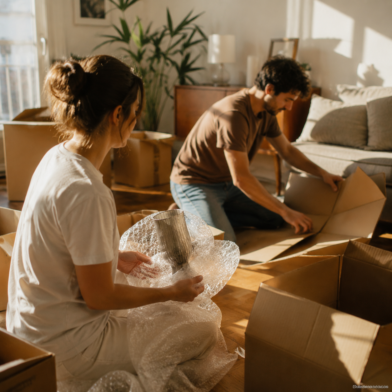 Couple packing a moving kit